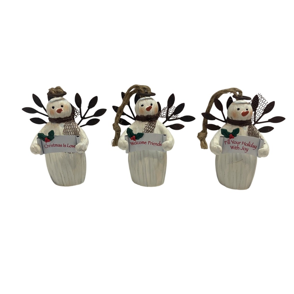 Ganz Lot of 3 Snowman Angel Ornaments wood Metal w/sign Friends Love Holiday Joy